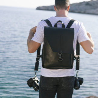 black leather photography backpack