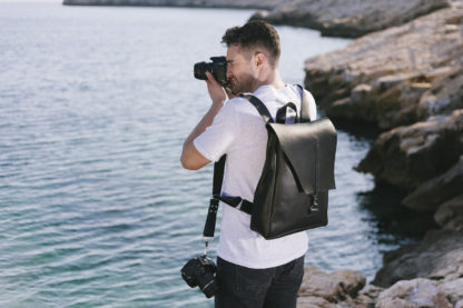 black leather photography backpack